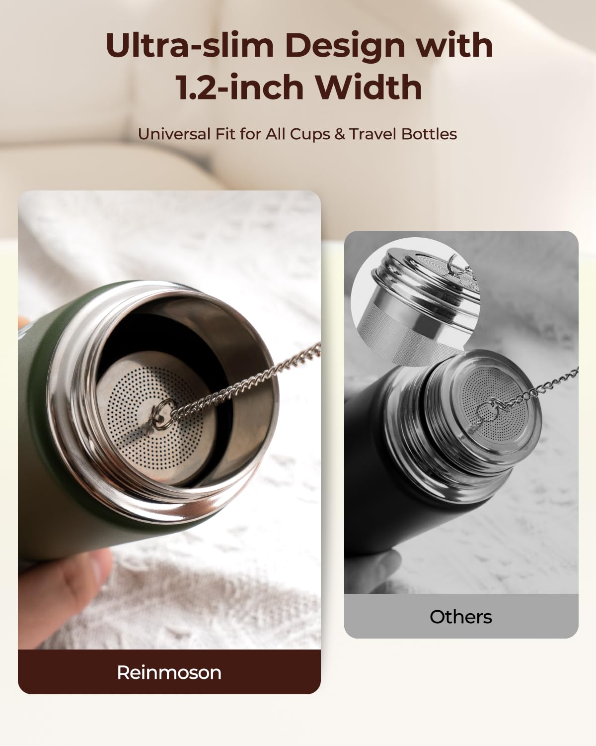2 Pack Reinmoson Mini Stainless Steel Tea Strainer for Loose Tea 1.2”x2.2”