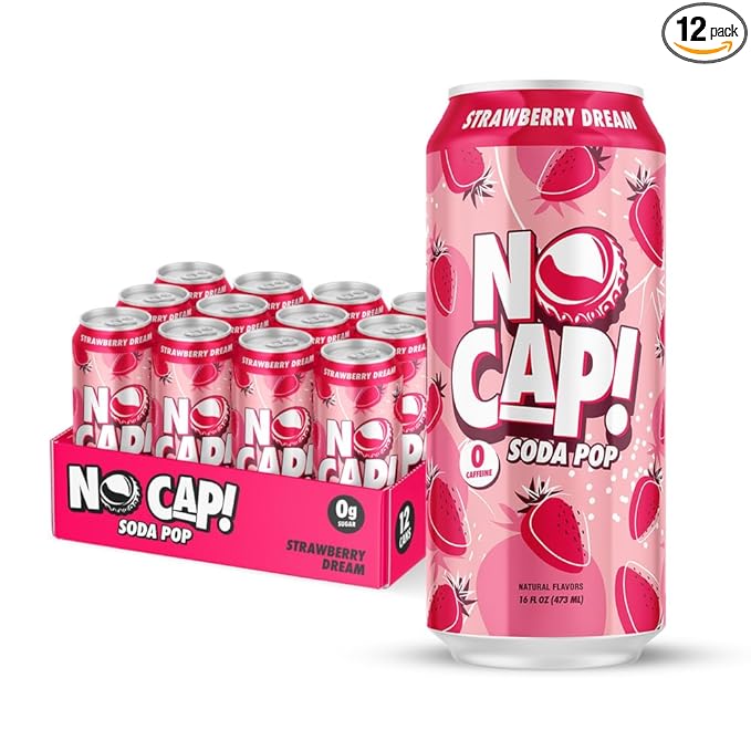 No Cap! Healthy Soda Drinks For Kids, Teenagers & Adults, Natural Flavors, Zero Sugar, Zero Calories, Caffeine Free,16 Oz Cans, (12 Pack) Strawberry Dream