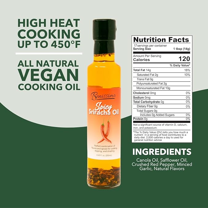 Benissimo Spicy Sriracha Herb Infused Oil, All Natural Gourmet Cooking Oil with Bold Chili Heat and Hand-Selected Herbs, Ideal for Drizzling, Dipping, Saut챕ing, 8.45 fl oz