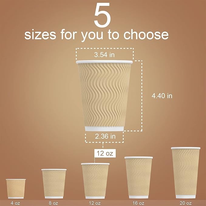 Hot Paper Cups_12 oz Disposable Insulated Corrugated Sleeve Ripple Wall Paper Cup 100 pcs,12oz Cups for Drink，Hot Coffee Cups (Brown)