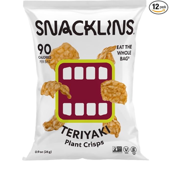 SNACKLINS Plant-Based Crisps – Teriyaki Flavor | 12 Pack of 0.9oz Bags | Vegan, Gluten-Free, Grain-Free, Kosher | Crunchy Puffed Snack with Only 90 Calories Per Bag | Healthy Low-Calorie Chips