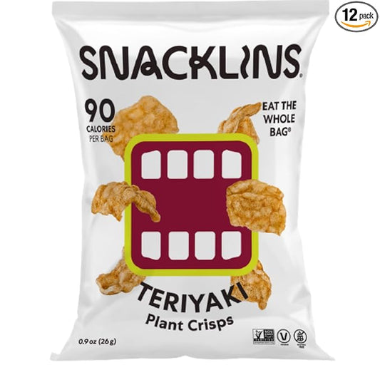 SNACKLINS Plant-Based Crisps – Teriyaki Flavor | 12 Pack of 0.9oz Bags | Vegan, Gluten-Free, Grain-Free, Kosher | Crunchy Puffed Snack with Only 90 Calories Per Bag | Healthy Low-Calorie Chips
