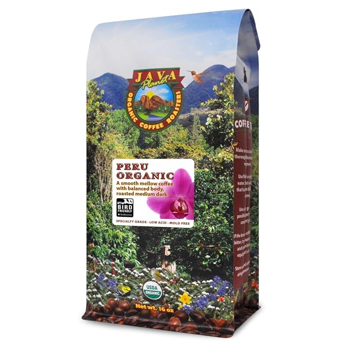Low Acid Organic Coffee ??Whole Bean, Mold-Free & Stomach Friendly by Java Planet, Peruvian Single Origin Coffee, Medium Dark Roast, Smooth Full Flavored, Smithsonian Bird Friendly, 1LB Bag