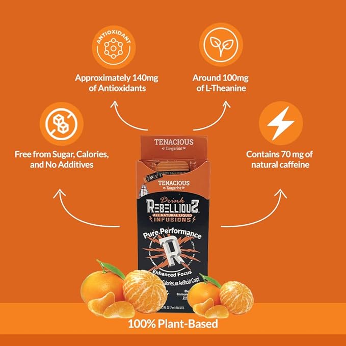 Rebellious Tenacious Tangerine Organic Drink Mix ??Zero Calorie Energy Drink Mix | Monk Fruit & Green Tea Extract | L-Theanine + Natural Caffeine | 100% Plant-Based | Pack of 10 | Keto,Gluten-Free