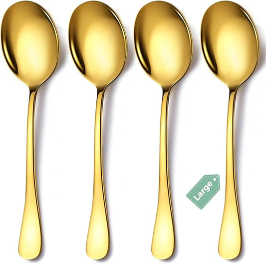 4 Piece Stainless Steel Serving Spoons Set, 10-Inch, Includes 4 Large Spoons, for Parties/Kitchen/Buffet/Catering, Dishwasher Safe,Gold