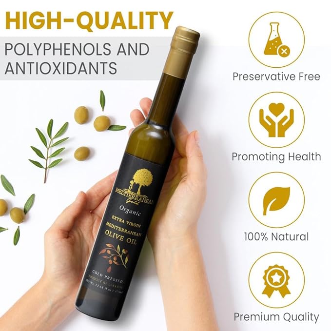 Mediterranean Gold Organic Olive Oil Extra Virgin - First 100% Nature-Made Cold Pressed, Unfiltered & Hand-Harvested, Ensure High Polyphenol With Antioxidant Count - For Foods Salads & Meats