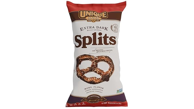 Unique Snacks Extra Dark Splits Pretzels, Original Split-Open Pretzels, Delicious Homestyle Baked Snack Bag, Vegan, OU Kosher, and Non-GMO Food, No Artificial Flavor, 11 Oz. Bag, Pack of 6