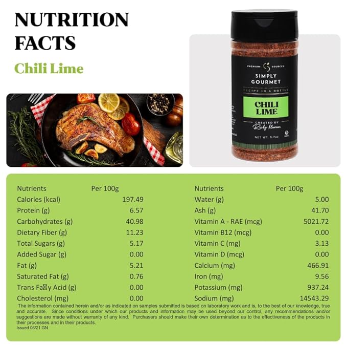 Chili Lime Seasoning ??Zesty, Tangy Spice Blend with Garlic & Citrus for Chicken, Seafood, Roasted Vegatables, and More ??Sugar-Free, Gluten-Free ??Recipe in a Bottle ??5.7 oz