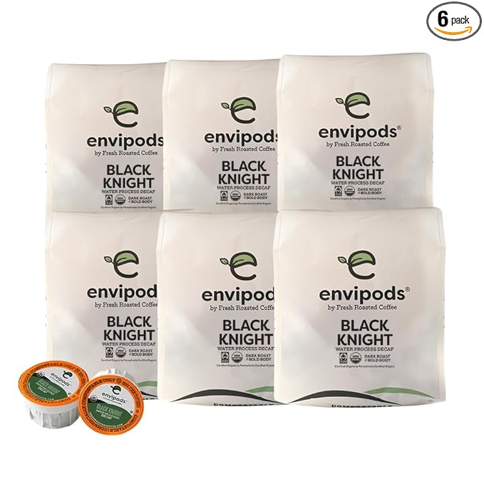 Fresh Roasted Coffee, Organic Black Knight Water-Processed Decaf Compostable envipods | Dark Roast 72 Count for K Cup Brewers | Not for use in Ninja or Hamilton Beach Brewers