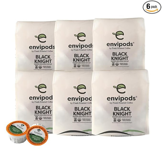 Fresh Roasted Coffee, Organic Black Knight Water-Processed Decaf Compostable envipods | Dark Roast 72 Count for K Cup Brewers | Not for use in Ninja or Hamilton Beach Brewers