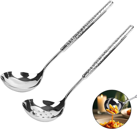 Soup Ladle and Slotted Spoon Set 18/8 Stainless Steel, 9.4" Small Metal Ladle Spoon and Strainer Scoop Gravy Colander, for Hotpot, Buffet, Party, Restaurants, Kitchen, 2-Pack