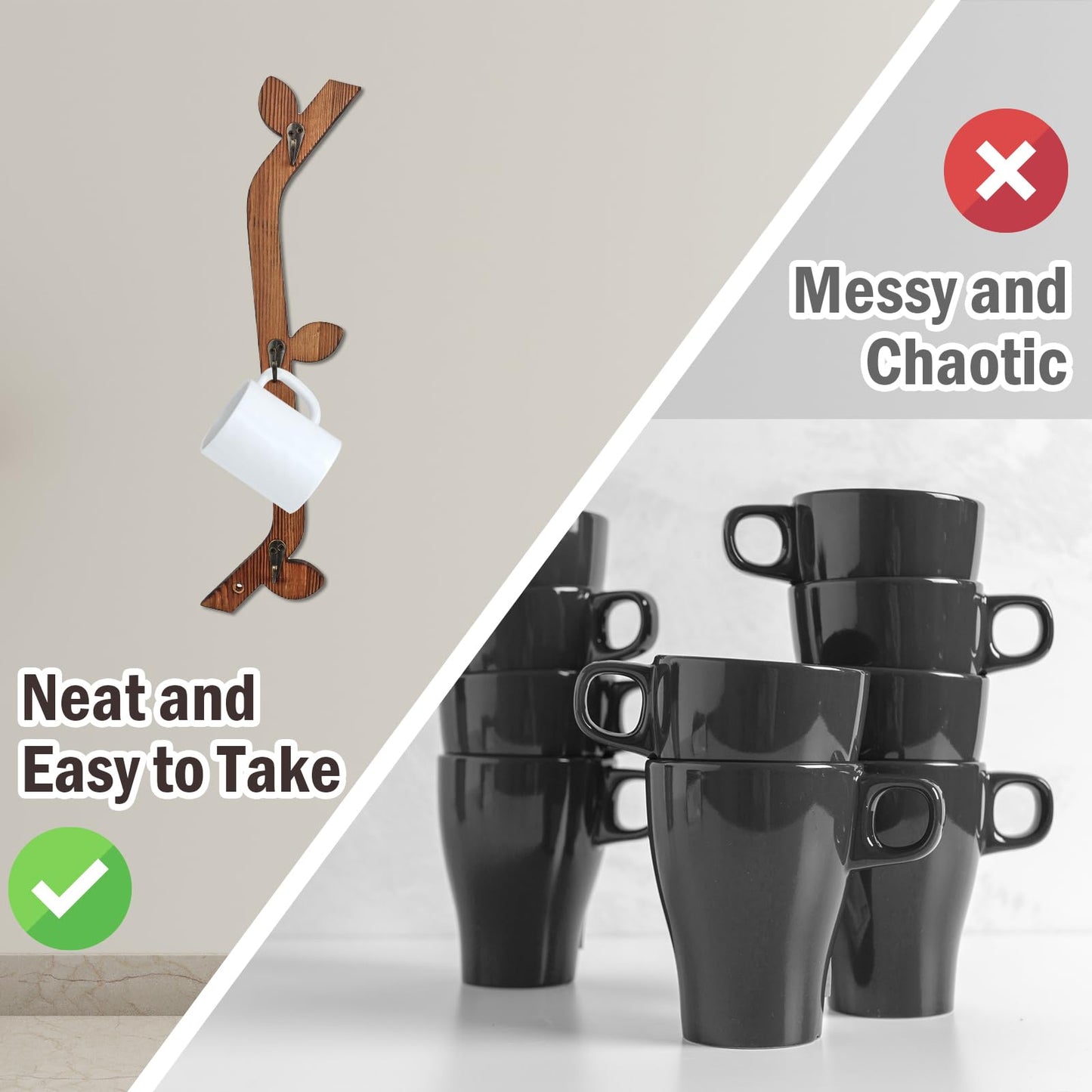 MSHUNKEJI 3 Pack Wood Coffee Mug Wall Rack with 9 Hooks Wall Mount Coffee Cup Holder Wooden