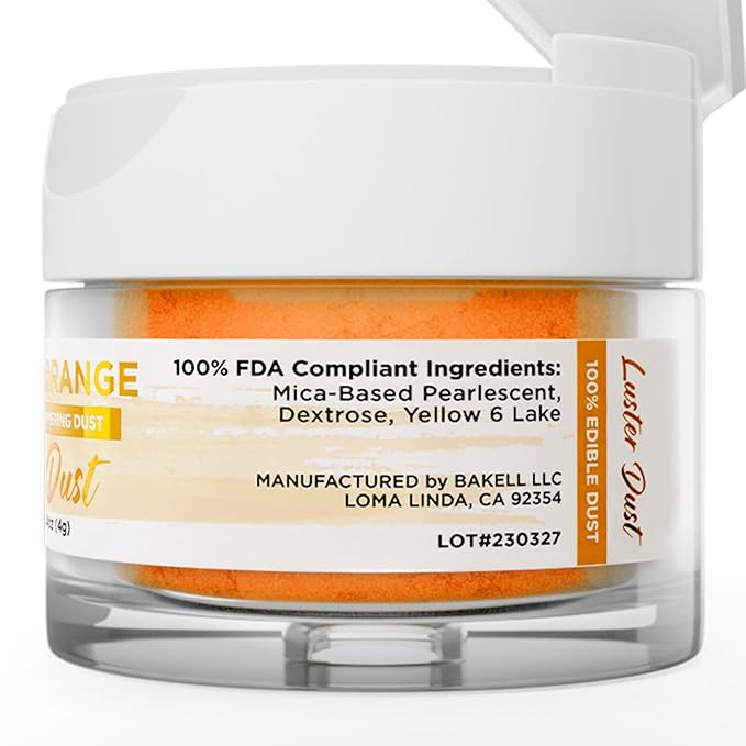 Luster Dust - Classic Orange (4g 1x Jar) | Edible Vegan Dust & Paint for Cake Decorating, Ice Cream, Desserts, Cocktails and Beverages by Bakell