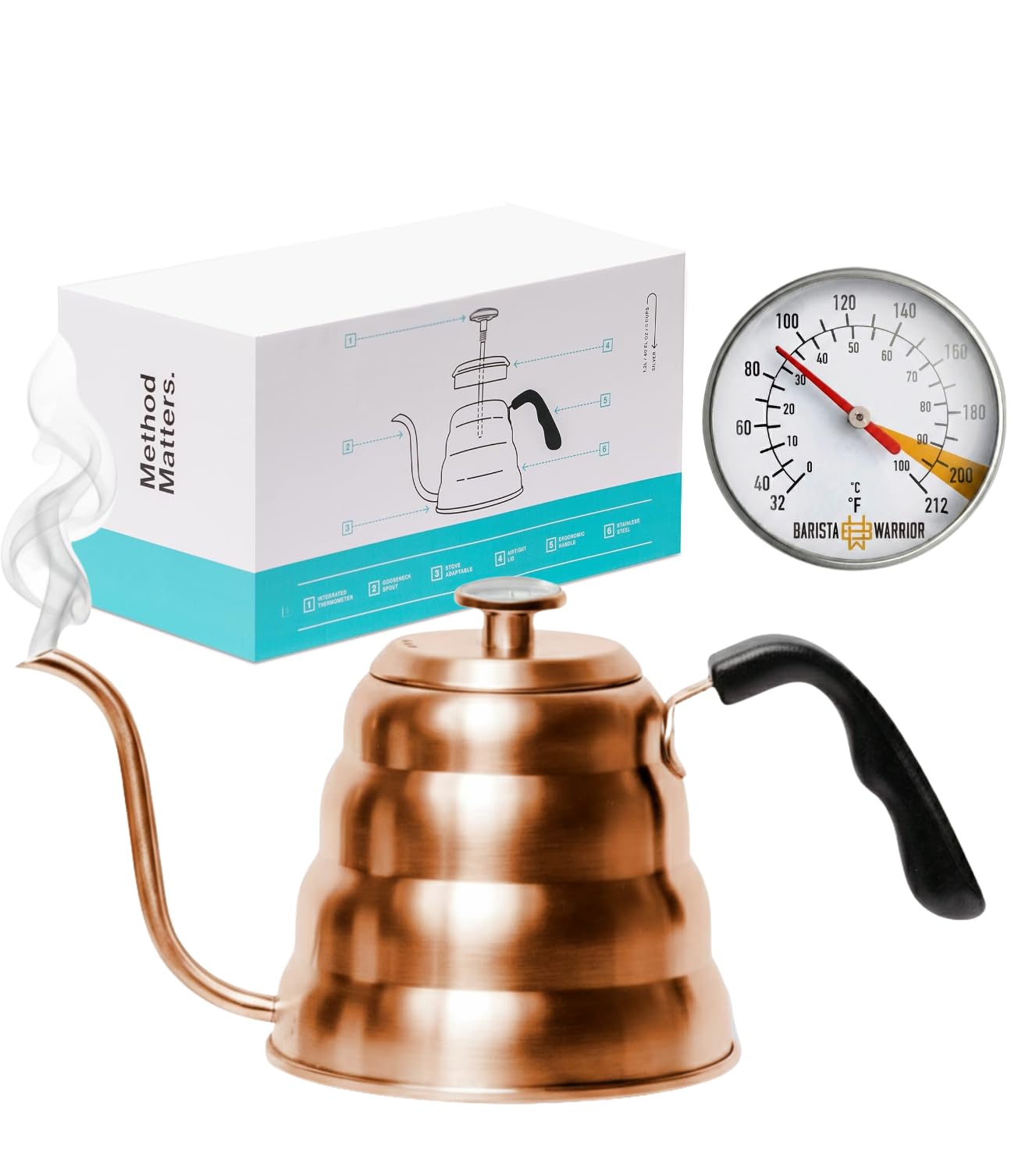 Barista Warrior Gooseneck Kettle with Thermometer - 1.2L Pour Over Coffee & Tea Kettle, Copper
