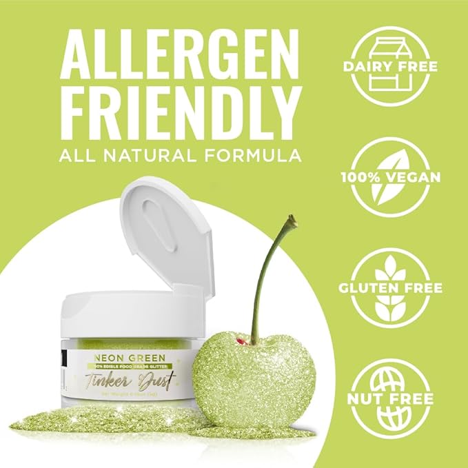 Bakell - Neon Green Tinker Dust (5g, 1x Jar) Edible Glitter for Food, Desserts, and Beverages!
