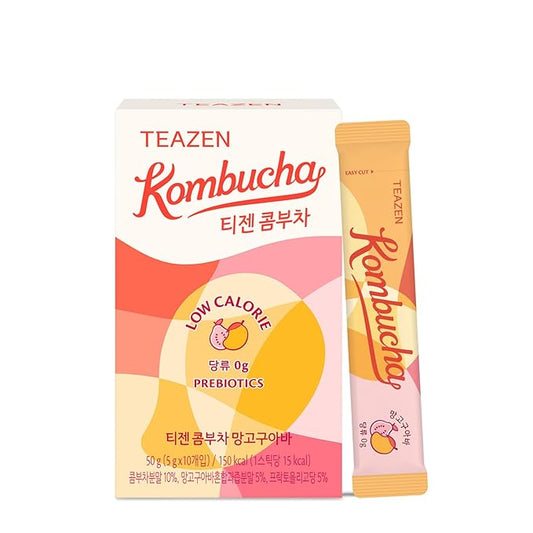 TEAZEN Mango Guava Kombucha Tea, Hydration Drink Mix, Sugar Free, Live Probiotics & Prebiotics, 10