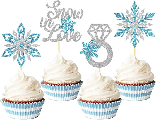 24PCS Snow in Love Cupcake Toppers for Winter Snowflake Decorations, Frozen Snowflake Love Cake Toppe for Bridal Shower Party Decorations (Love A)