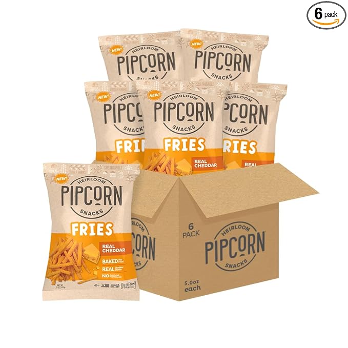Heirloom Baked Cheddar Fries by Pipcorn - 5oz 6pk - Healthy Snacks, Gluten Free Snacks, Non-GMO, Upcycled Heirloom Corn Flour, Vegan, Baked Not Fried Snacks