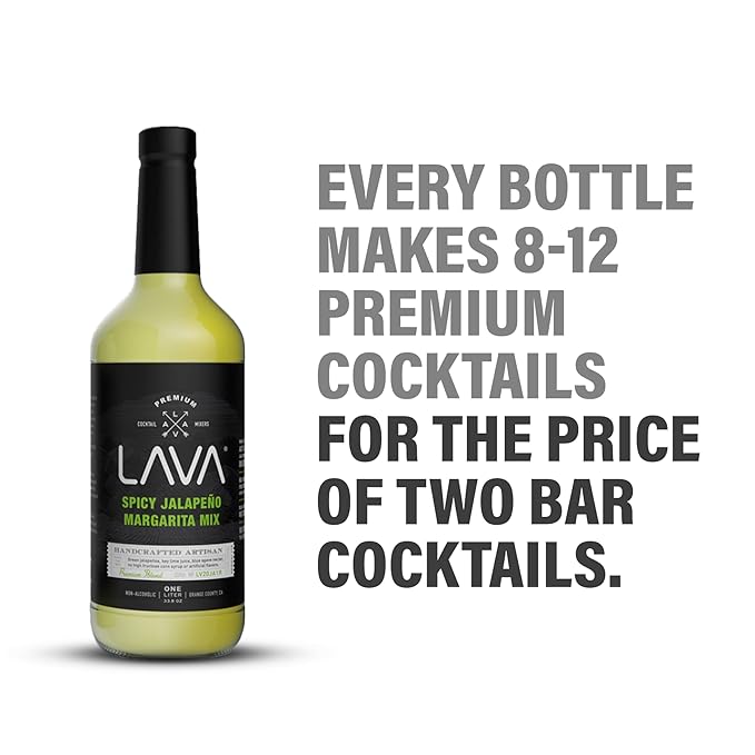 LAVA Premium Spicy Jalape챰o Margarita Mix by LAVA Craft Cocktail Co., Made with Real Jalape챰os, Agave Nectar, Key Limes, Lots of Flavor and Ready to Use, 1-Liter Glass Bottle