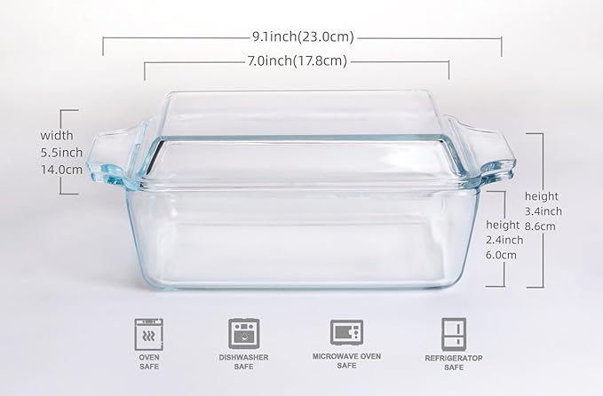 Rectangular Tempered Glass Casserole Dish, Tempered Glass Baking Dish with Glass Cover. Oven, Freezer and Dishwasher Safe.- 1 Liter