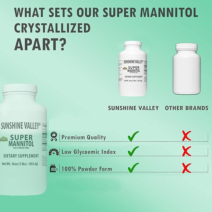 Sunshine Valley® Super Mannitol Powder, Natural & Healthy Artificial Sweetener, Ultra-Pure Sugar Substitute, Low Glycemic Dietary Supplement (16 Fl oz)