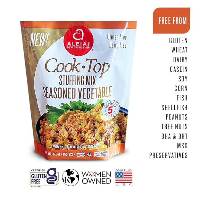 Aleia?셲 Gluten Free Cook Top Stuffing Mix ??Seasoned Vegetable, 5.5oz (3 Pack) ??Ready in 5 Minutes ??Savory Stuffing for Gluten-free Recipes