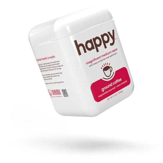 happy coffee medium roast ground coffee, 12 oz., notes of berries & optimism, recyclable container, grown & harvested in Brazil & Colombia, ra챠z sustainability verified