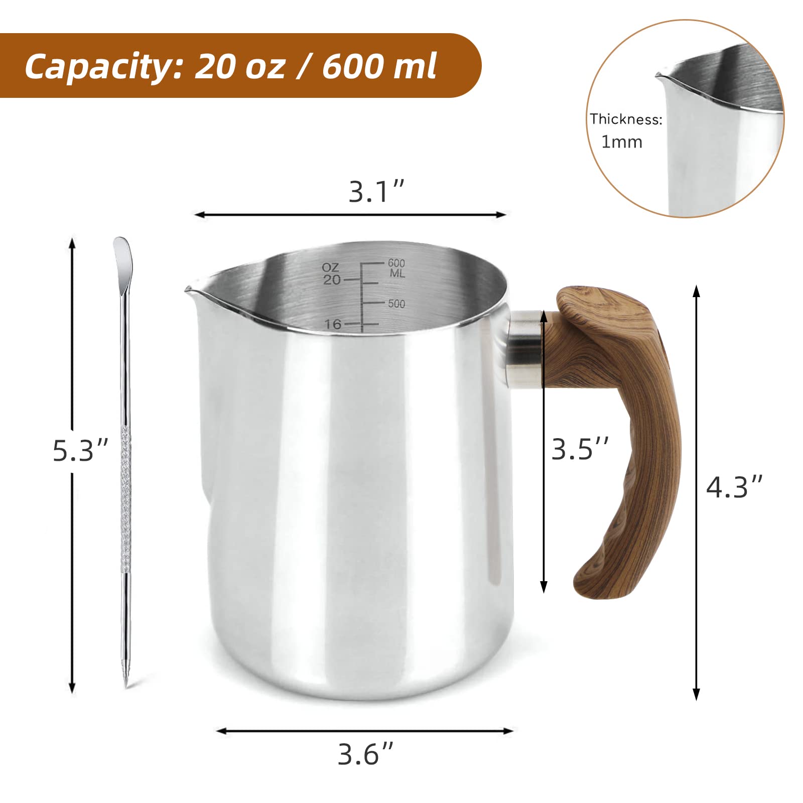 Stainless Steel Milk Frothing Pitcher - 20oz (600ml), Espresso Steaming Pitcher with Anti-scald