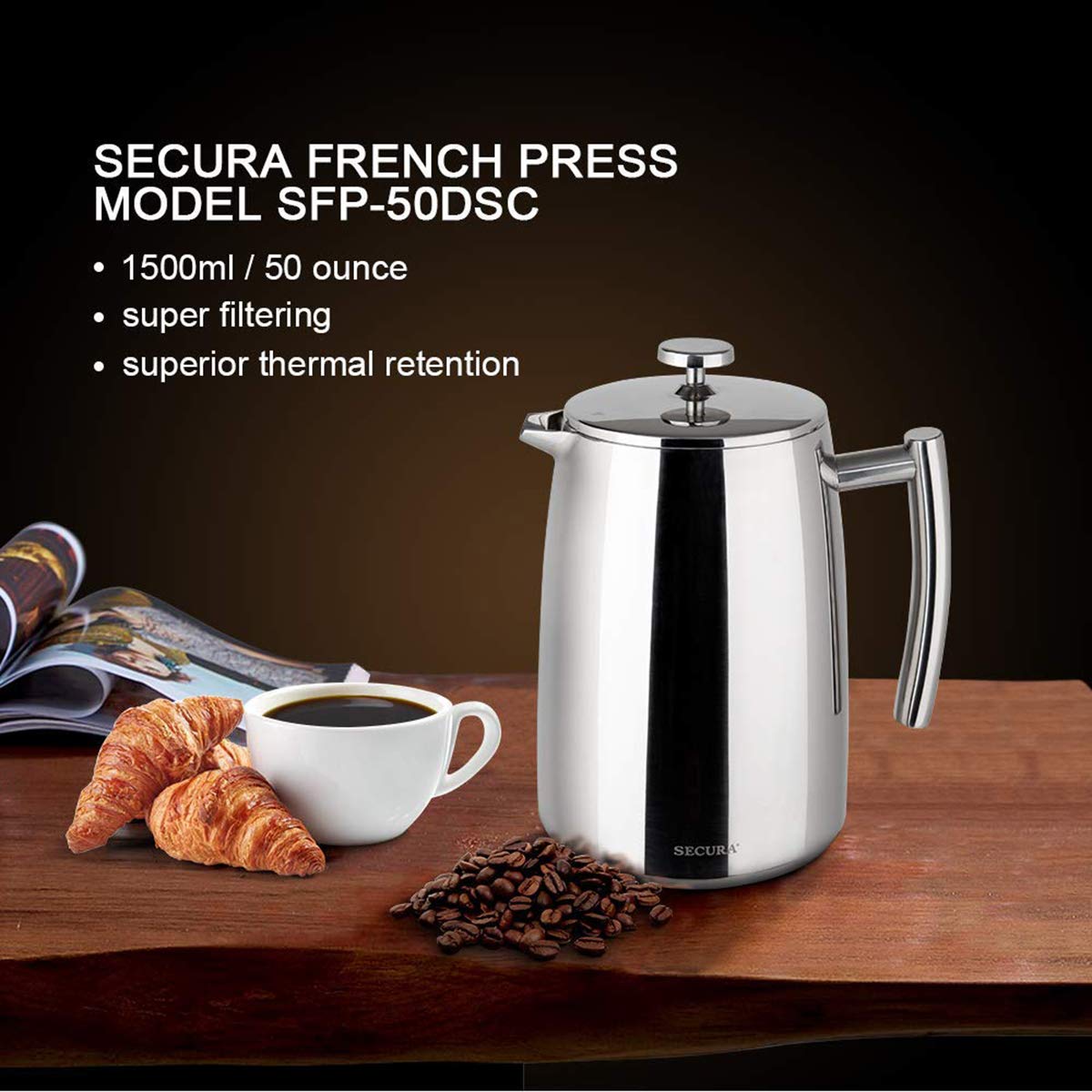 Secura French Press Coffee Maker, 50-Ounce, 304 Stainless Steel Insulated Coffee Press with Extra