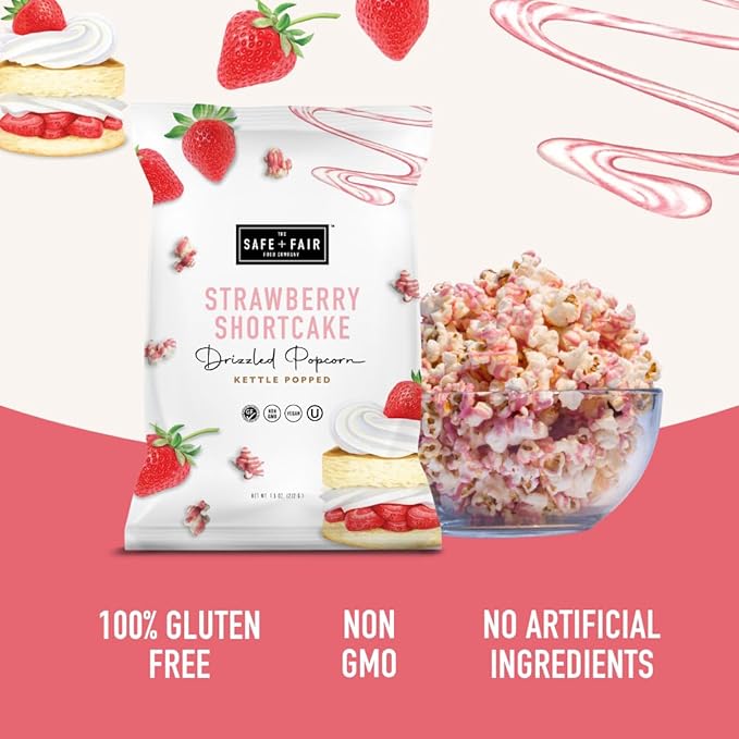 Safe + Fair Plant-Based Gourmet Strawberry Flavored Popcorn - Strawberry Shortcake Drizzled Kettle Corn Popcorn - Non-GMO + Gluten-Free Snacks 5.5oz,6 Pack
