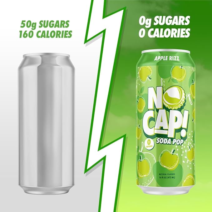 No Cap! Healthy Soda Drinks For Kids, Teenagers & Adults,Natural Flavors, Zero Sugar, Zero Calorie, Caffeine Free,16 Oz Cans, (12 Pack) Apple Rizz