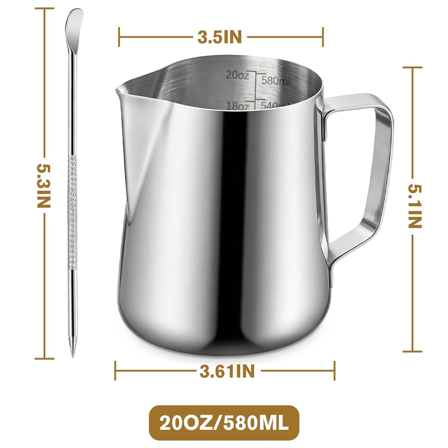 Milk Frothing Pitcher, 600ml (20oz) Milk Frother Cup Stainless Steel Jug Steaming Pitcher, Milk