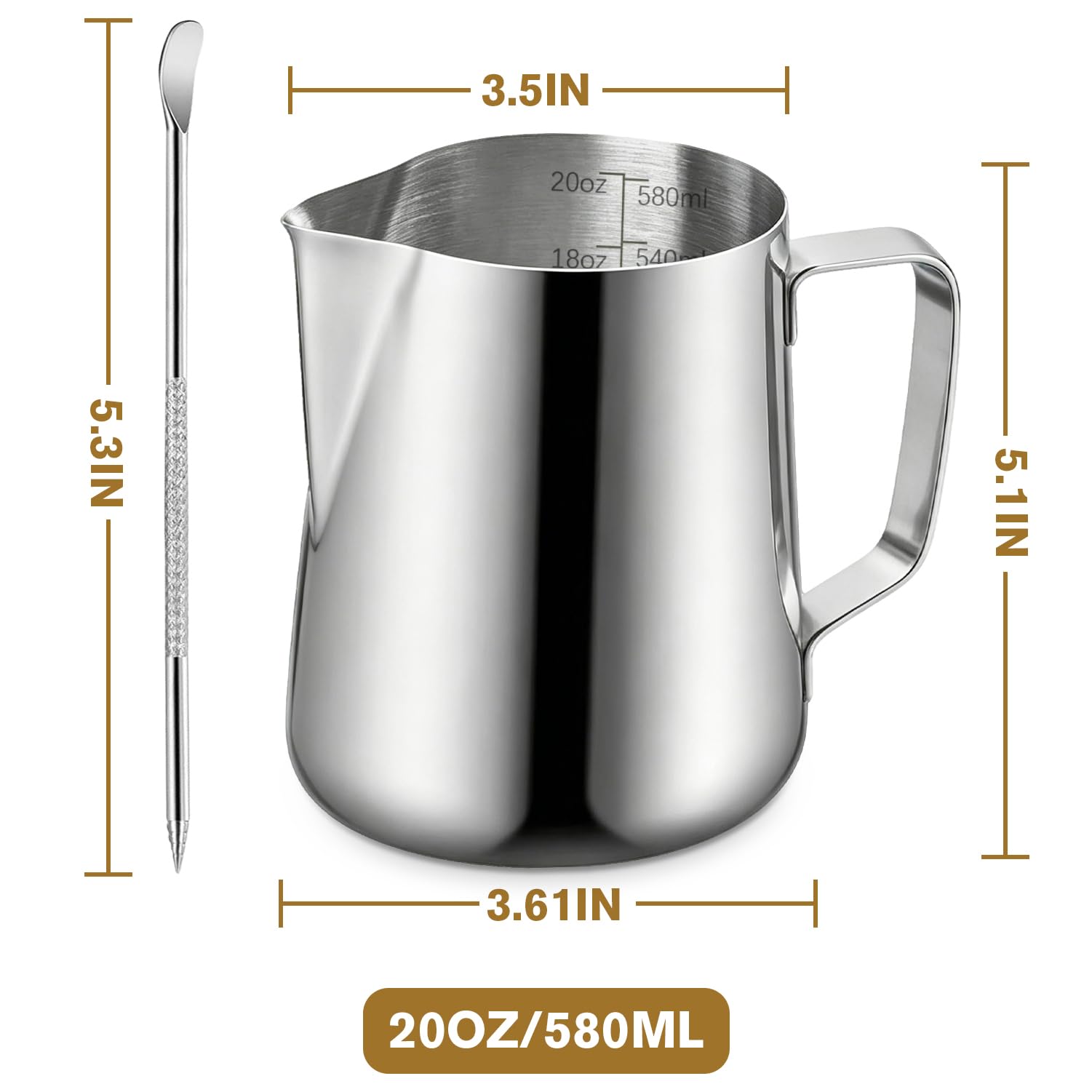 Milk Frothing Pitcher, 600ml (20oz) Milk Frother Cup Stainless Steel Jug Steaming Pitcher, Milk