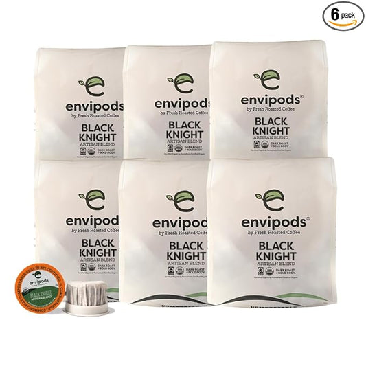Fresh Roasted Coffee, Organic Black Knight envipods | BPI Compostable, USDA Organic, Kosher | Dark Roast | 72 Count for K Cup Brewers | Not for use in Ninja or Hamilton Beach Brewers