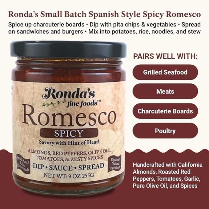 Spicy Romesco Dip, Spread, Sauce - Small-Batch with Almonds, Olive Oil, Red Peppers ??Red Sauce for Meat, Veggies, & Chicken by Ronda?™s Fine Foods