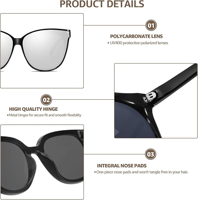LVIOE Oversized Polarized Sunglasses for Women Trendy Large Cat Eye UV Protection Shade LS1627s
