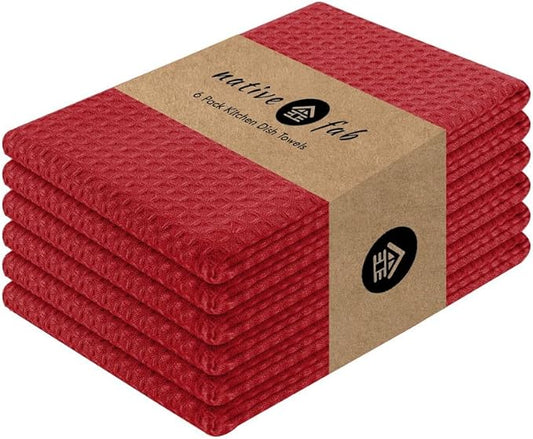 Native Fab Cotton Kitchen Towel with Hanging Loop 16x26 inches, 6-Pack, Waffle Weave Kitchen Towels for Cleaning Drying, Washcloths Soft & Absorbent Cloth Rags, Bar Towel, Dish Cloth, Red