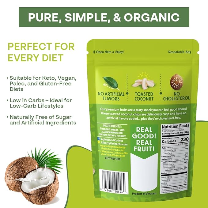Liberty Orchard Organic Dried Coconut - Oven Toasted Coconut Chips for Healthy Digestion & Preservatives - Delicious Healthy Snack Ideal for Vegan and Keto Diets - One Fresh Coconut per 1.8oz Bag
