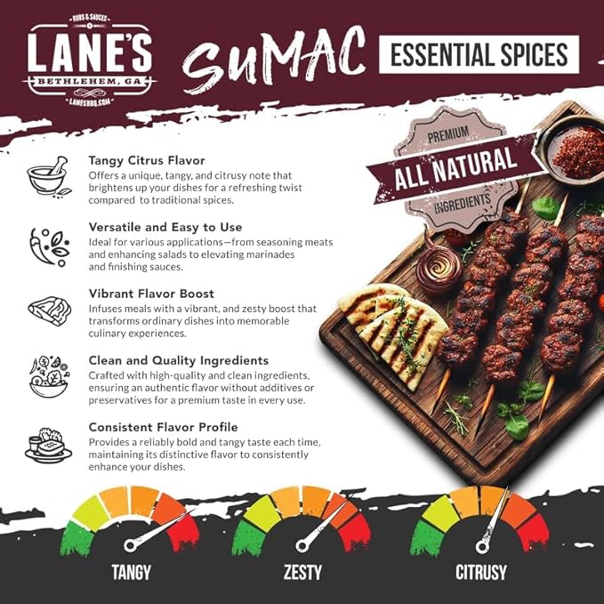 Lane's Sumac Seasoning, All Natural Sumac Spice Powder for Eggplant, Chickpeas & Lentils, Sumac Powder Mediterranean Seasoning, Made in USA, 8.5 Oz