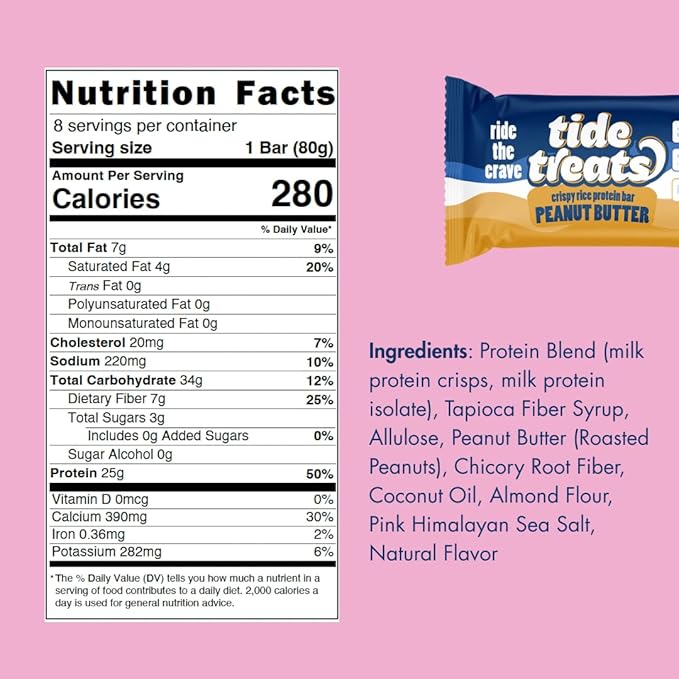 Crispy Rice Protein Treat Peanut Butter Bar | 25 g Protein, No Added Sugar, 7 g Fiber, Gluten Free | High Protein Snack for On-the-Go, Post-Workout or Dessert Cravings | 8 Count | TideTreats
