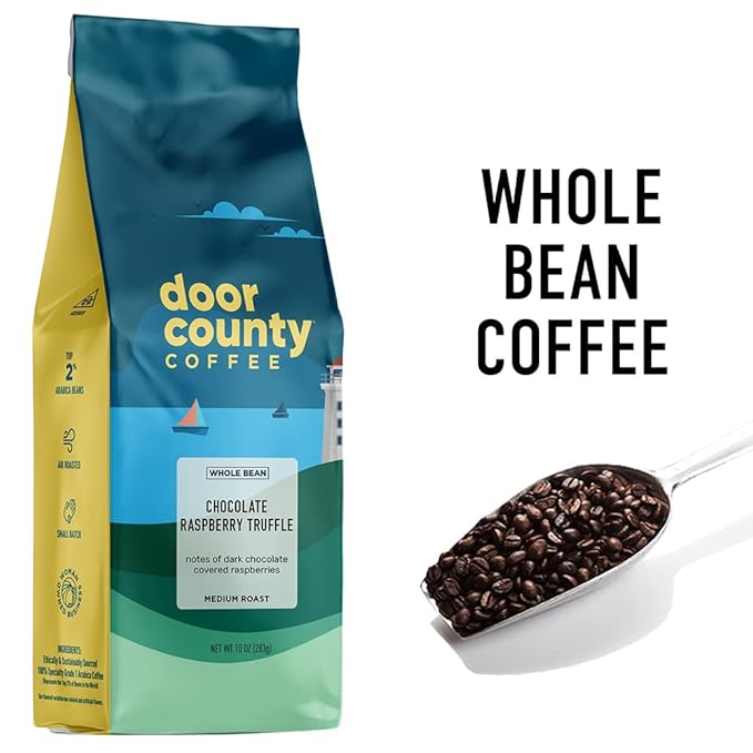 Door County Coffee Chocolate Raspberry Truffle Flavored Whole Bean - 10 oz Bag - Medium Roast - 100% Specialty Arabica - Flavored Gourmet - Chocolate Raspberry Truffle