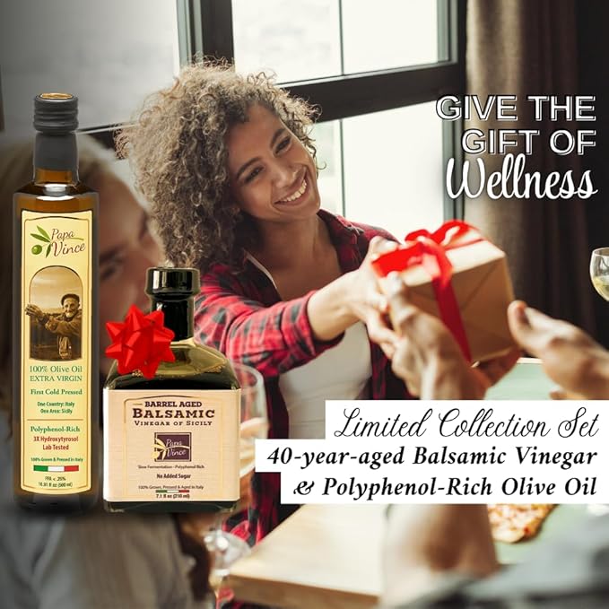 Papa Vince Olive Oil & Balsamic Vinegar Gift Set ??Made in Italy, Family-Grown in Sicily. Features Sipping-Quality, Organic, Polyphenol-Rich EVOO & Slowly Aged, No-Sugar-Added Balsamic Vinegar