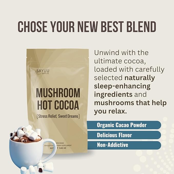 SAYUU Mushroom Coffee Hot Cocoa Mix ?“Instant Coffee Blend Enriched with Reishi, L-Theanine, Melatonin, Rich Cacao Flavor, Gut & Immune Health Support, Quick & Easy Bedtime Drink - 20 Servings