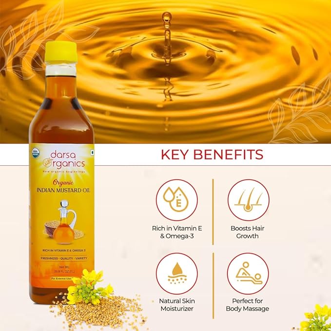 Darsa Organics Cold-Pressed Mustard Oil 33.8 oz (1000ml) ??USDA Organic, Unrefined & Chemical-Free, Rich in Vitamin E & Omega-3, Great for Hair & Skin Care, Natural Massage & Remedies
