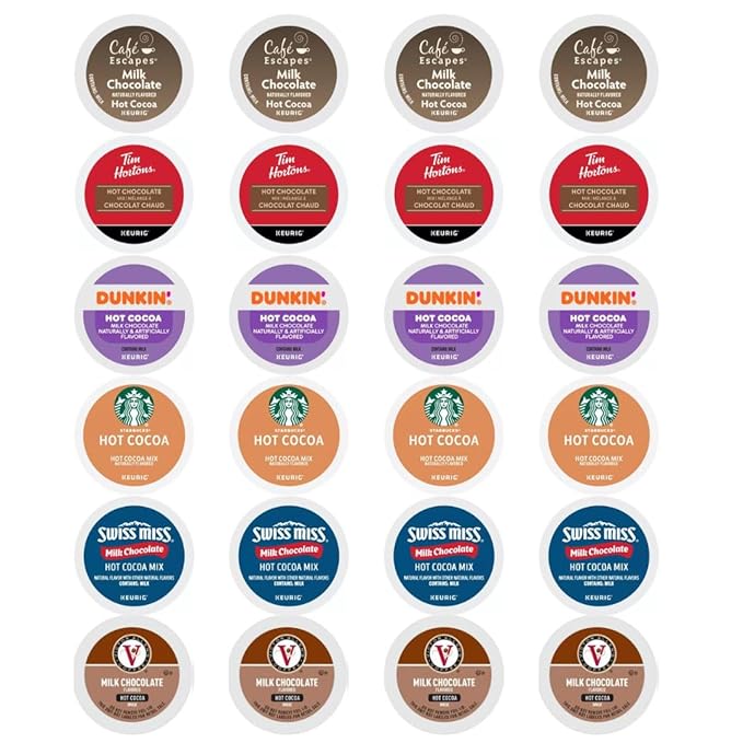 Milk Chocolate Hot Cocoa K-Cups Pods Variety Sampler. Includes Swiss Miss, Cafe Escapes, Starbucks, Tim Hortons, Victor Allen's and Dunkin. 24 Count