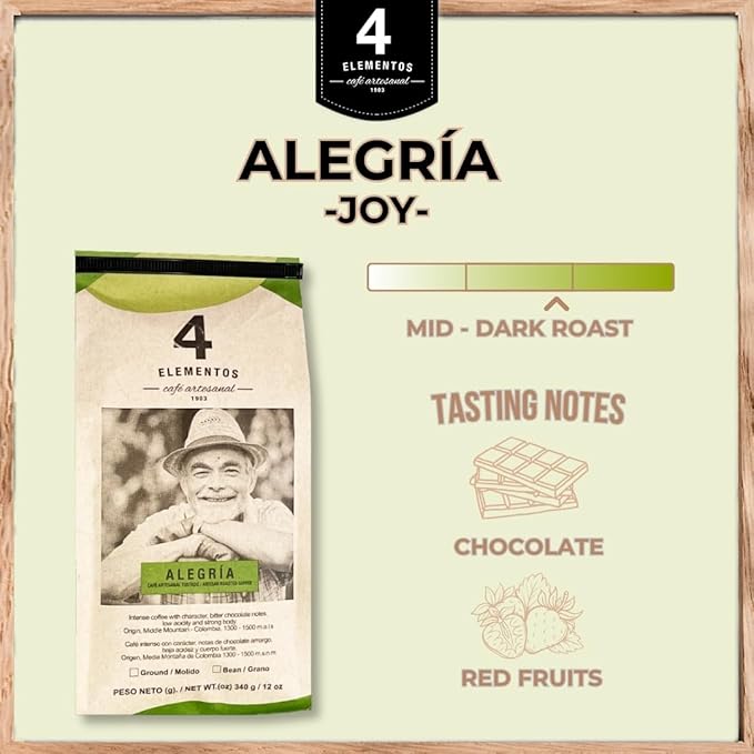 4 Elementos | Classic Whole Bean Coffee, Medium Dark Roast, 100% Arabica from Colombia, Bold & Rich Flavor, 12oz (Pack of 2)