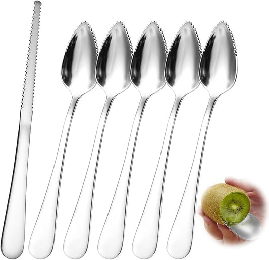 Giantree Grapefruit Spoon, Serrated Edge Grapefruit Knife, Stainless Steel Grapefruit Utensil Tool Dessert Spoons for Citrus Lemon Kiwi Salads Melon Lime Pitaya Apple Fruit Puree (6)