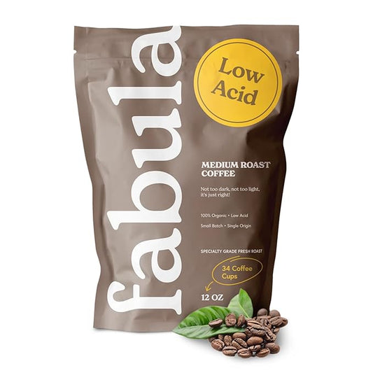 Fabula Low Acid Coffee Beans Whole, USDA Organic Coffee Beans Medium Roast - Non-GMO - No Molds - Mycotoxins Pesticides Free - Single Origin - 12 oz