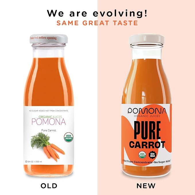 Pomona Organic Carrot Juice, Cold Pressed USDA Organic Juices, 100% Carrots, No Added Sugar, Not From Concentrate, Vegan, Kosher, Non GMO, Pasteurized, 8.4 Ounce (Pack of 12)