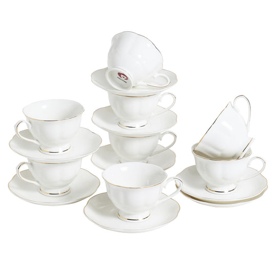 PRECITIME White Ceramic Tea Cup and Saucer Set of 8 (16-Piece) - 6oz Elegant Porcelain Cups with